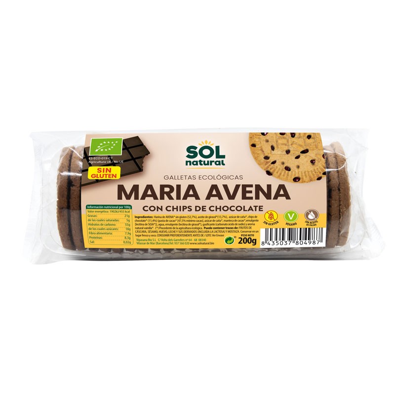 Sol Natural Galletas Maria de Avena con chips chocolate sin gluten bio 200g Sol Natural