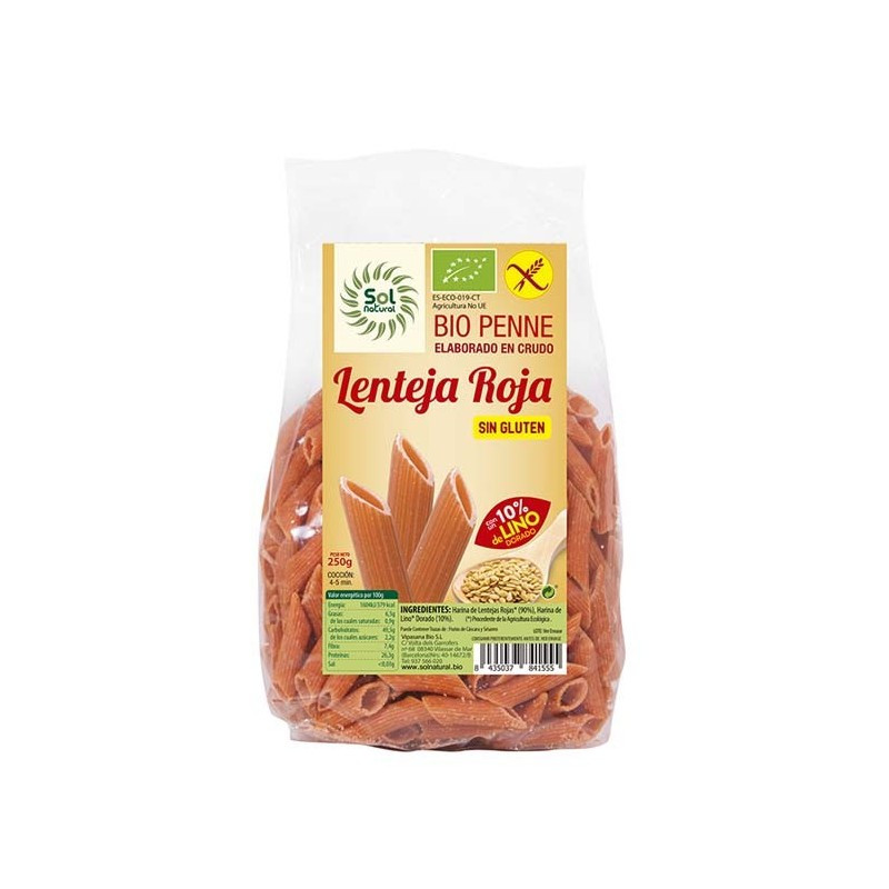 Sol Natural Penne lenteja roja con lino bio sin gluten 250g Sol Natural