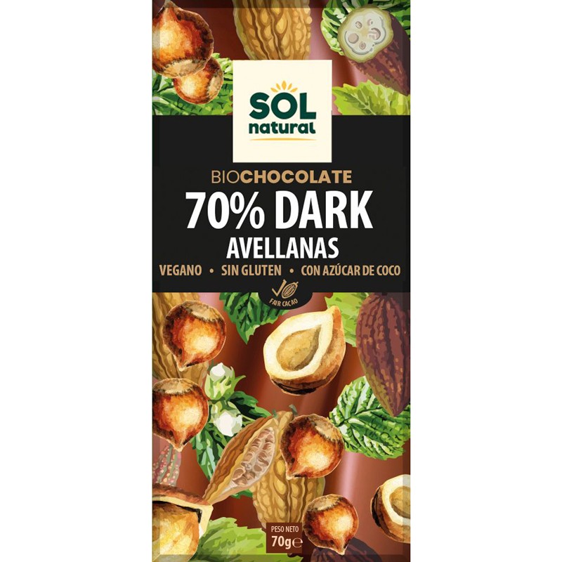 Sol Natural Tableta chocolate dark 70% y avellanas Bio 70g Sol Natural